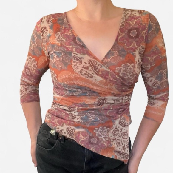 VTG y2k sweet pea mesh floral v neck blouse aztec - Picture 1 of 11